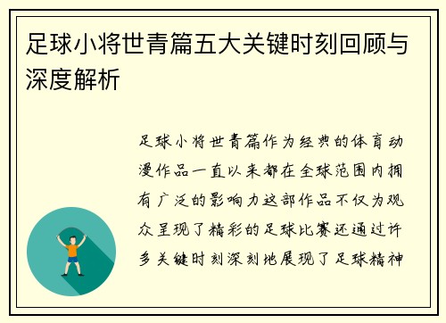 足球小将世青篇五大关键时刻回顾与深度解析